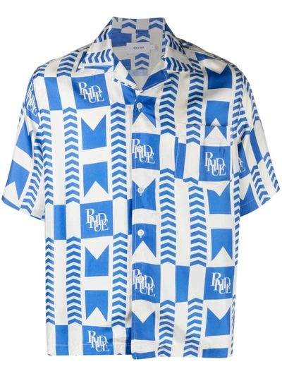 Rhude Camp-collar Printed Silk Shirt In Blue Ivory
