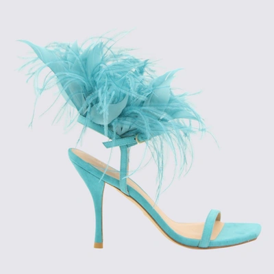 Stuart Weitzman Turquoise Leather Feather Sandals In <p>turquoise Leather Feather Sandals From  Featuring Open Toe, Stiletto Heel, Feather