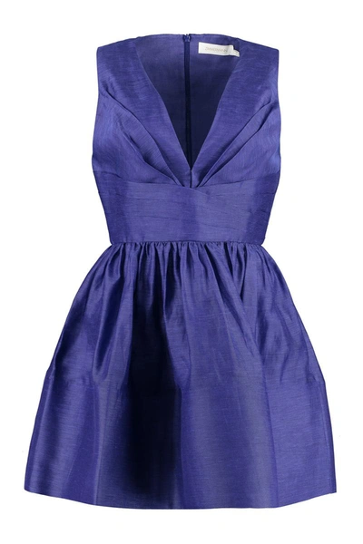 Zimmermann Tama V-neck Pleated Mini Dress In Purple