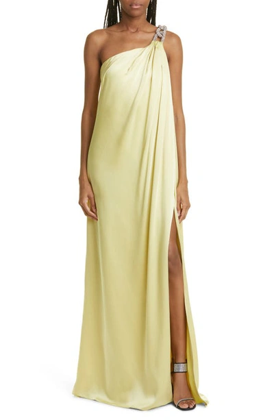 Stella Mccartney Falabella Crystal Chain Satin One-shoulder Gown In Yellow