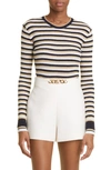 VALENTINO STRIPE LONG SLEEVE WOOL & LUREX® BLEND CROP SWEATER