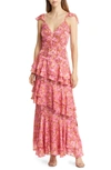 Hutch Miah Floral Tiered Ruffle Gown In Pink/ Yellow Floral Burnout