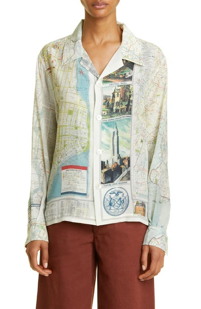 Bode New York City Map Long Sleeve Silk Button-up Shirt In Multi