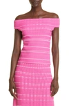 Alexander Mcqueen Off-the-shoulder Geometric Compact-knit Top In 6092 Pink/ White