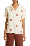 Bode Rosette Short Sleeve Crochet Button-up Shirt In Beige/ Pink