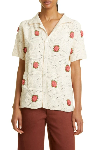 Bode Rosette Short Sleeve Crochet Button-up Shirt In Beige/ Pink