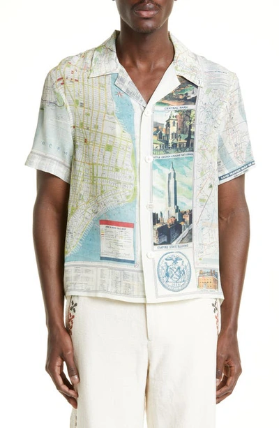 Bode New York City Map Short Sleeve Silk Button-up Shirt In Neutrals