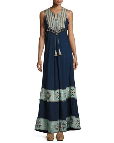Talitha Embroidered Cotton-silk Sleeveless Maxi Dress, Navy