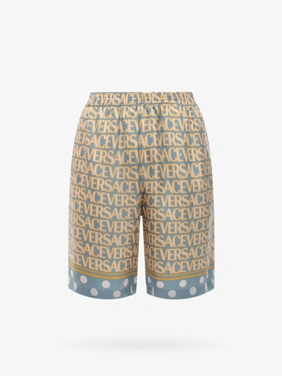 Versace Shorts Silk Fabric With All Over Print In Light Blue,ivory