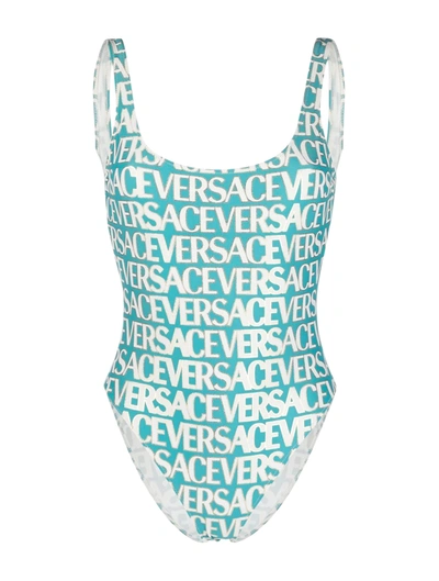 Versace Gold Logo One-piece Swimsuit In Turchese