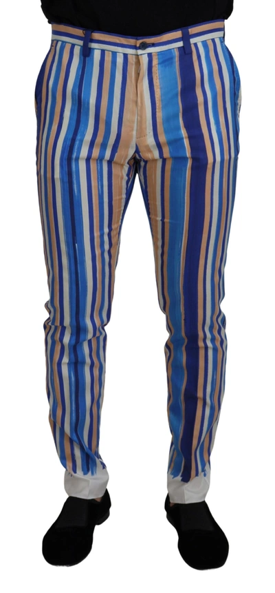 Dolce & Gabbana Blue Striped Silk Cotton Slim Trousers Pants