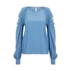 Hugo Boss Regular-fit Silk Top With Ruched Sleeves In Light Blue