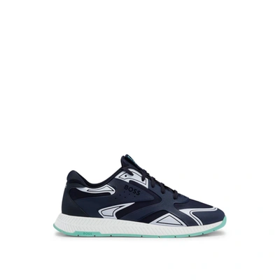 Hugo Boss Mixed-material Lace-up Trainers With Tonal Branding In Blue