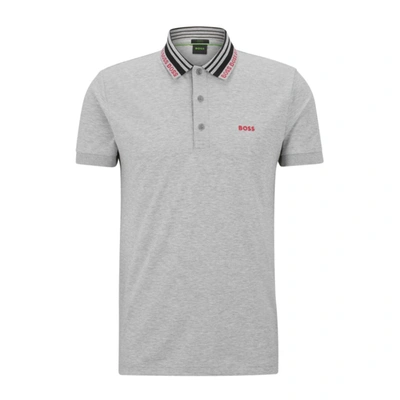 Hugo Boss Cotton-blend Slim-fit Polo Shirt With Logo Collar In Light Grey
