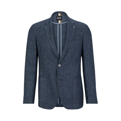 Hugo Boss Slim-fit Jacket In Patterned Linen And Virgin Wool In Blue