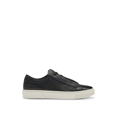 Hugo Boss Gary Burnished-leather Trainers With Hidden Laces In Black