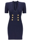 Balmain Button-embellished Ribbed-knit Mini Dress In Blue