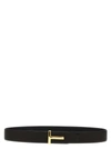 Tom Ford Black Calfskin Leather Belt With Gold T Buckle In Black