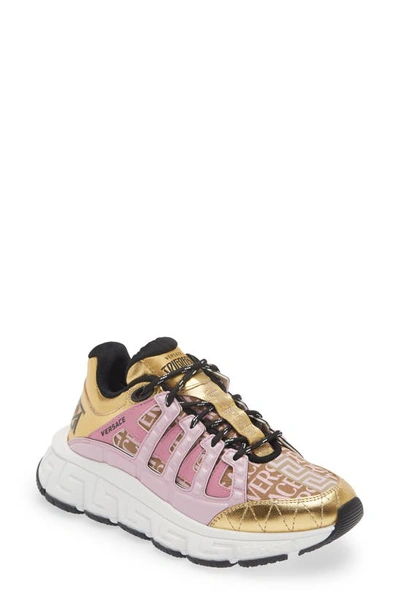 Versace Leather Sneakers In Gold Baby Pink Black