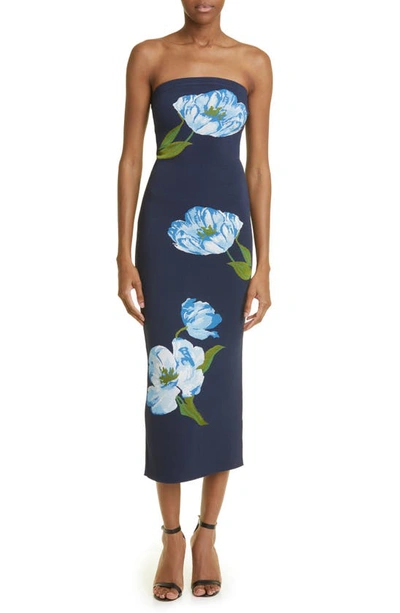 Lela Rose Strapless Floral Knit Midi Dress In Navycerulean | ModeSens