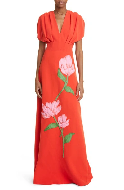 Lela Rose Floral Crepe V-neck Gown In Cherry ModeSens