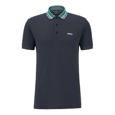Hugo Boss Cotton-blend Slim-fit Polo Shirt With Logo Collar In Dark Blue