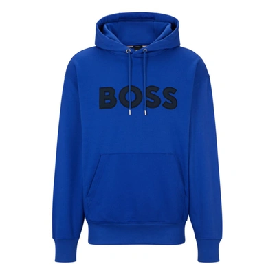 Hugo Boss Organic-cotton Oversize-fit Hoodie With Logo Appliqu In Blue