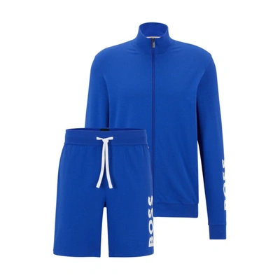 Hugo Boss Stretch-cotton Pajamas With Contrast Logos In Blue