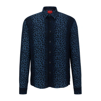 Hugo Slim-fit Shirt With Leopard Print In Light Blue