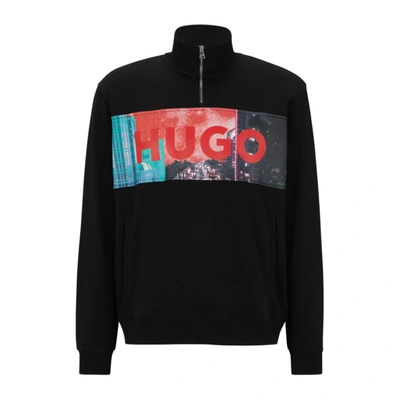 Hugo Cotton-terry Zip-neck Sweatshirt With Logo Artwork In Black