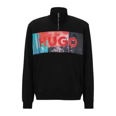 Hugo Boss Cotton-terry Zip-neck Sweatshirt With Logo Artwork In Black