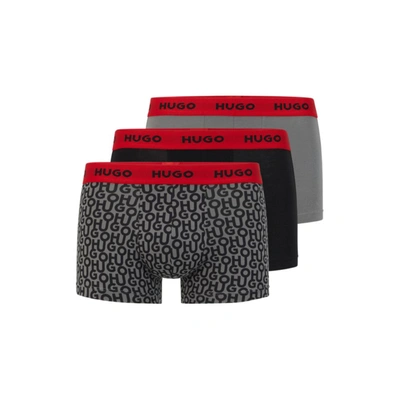 Hugo Three-pack Of Logo-waistband Trunks In Stretch Cotton In Light Grey