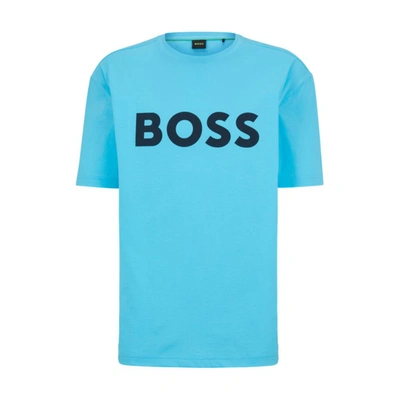 Hugo Boss Cotton-jersey Crew-neck T-shirt With Logo Print In Light Blue