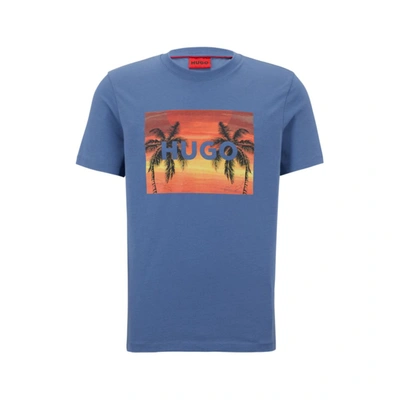 Hugo Cotton-jersey T-shirt With Branded Palm-tree Artwork In Light Blue