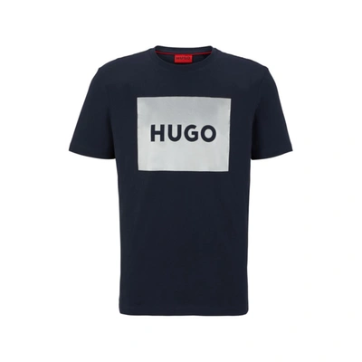Hugo Cotton-jersey Regular-fit T-shirt With Metallic Logo In Dark Blue