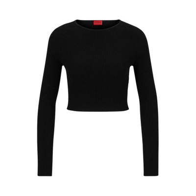 Hugo Cropped Slim-fit Sweater In A Stretch Ribbed Knit In Black