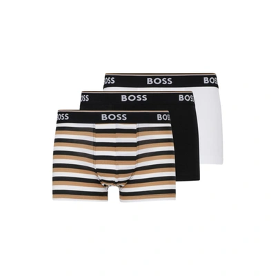 Hugo Boss Three-pack Of Stretch-cotton Trunks With Logo Waistbands In Beige
