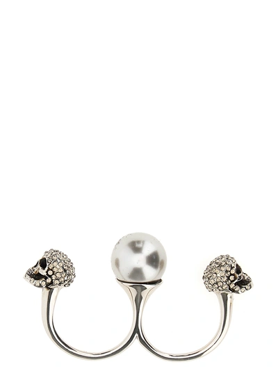 Alexander Mcqueen Pearl Skull Double Ring Jewelry Silver