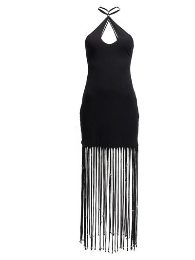 Rotate Birger Christensen Fringe-trimmed Jersey Maxi Dress In Black