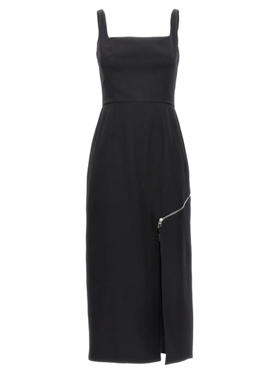 Alexander Mcqueen Wool Midi Dress With Cutaway Zipper Slit In Black