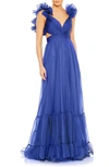 Mac Duggal Ruffle Tiered Cut-out Chiffon Gown In Cobalt