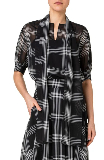 Akris Organza Check Print Tunic Blouse With Sash Detail In 098-black/ Ecru