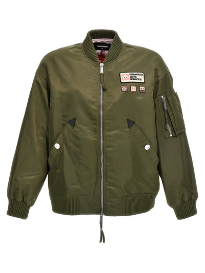 Dsquared2 Green Bomber Jacket With Application In Multicolor