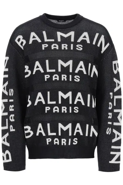 Balmain Cotton Blend Sweater With  Paris Logo In Black