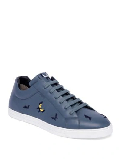 Fendi Butterfleyes Leather Low-top Trainers In Tempesta Blue