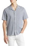 Vince Cabana Stripe Cotton Short Sleeve Button-up Shirt In Twilight Blue/ Off Wh