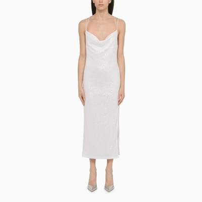 Rotate Birger Christensen White Maxi Dress With Draped Neckline And All-over Paillettes In Polyester Woman