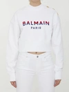Balmain 3-button Flocked Logo-print Crop Sweatshirt In White