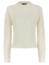 Fabiana Filippi White Crewneck Sweater With Ribbed Trim In Tricot Wool Blend Woman In White