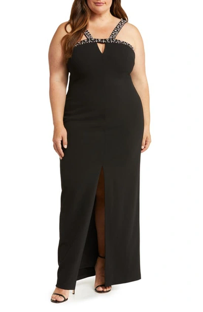 Vince Camuto Beaded Keyhole Gown In Black